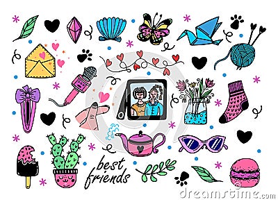 Friendship vector icon set. Best friends, buddies, besties. Symbols of good relations - girlfriend photo, likes, flowers Vector Illustration