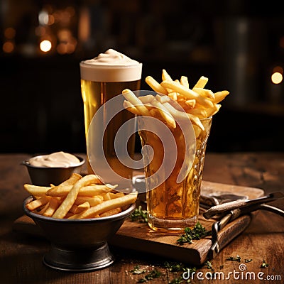 Exquisite Staged Image: French Fries And Beer In Richly Layered Composition Stock Photo