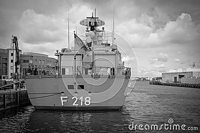 the frigate Mecklenburg-Vorpommern of the German Navy is located in the port of Wismar Editorial Stock Photo
