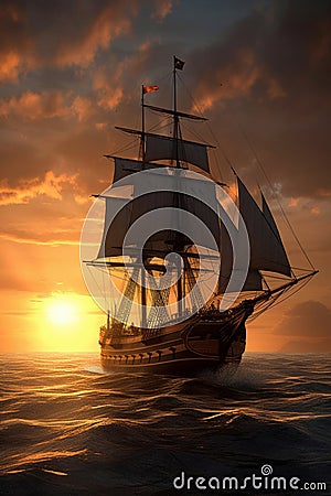 Frigate sailing under full sail at sunset. Stock Photo