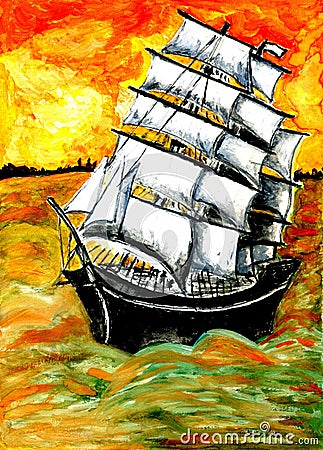 Frigate Ship at Sunset Cartoon Illustration