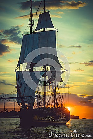 The Frigate Shtandar in calm weather sailing sunset time Riga Latvia Editorial Stock Photo