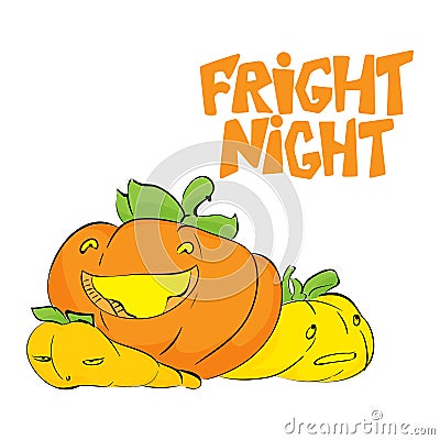 Fright night. Halloween party hand drawn lettering and sketch with cute pumpkins. Fun colorful brush ink typography Vector Illustration