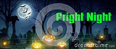 Fright Night - A spooky Halloween graveyard with pumpkins, bats, a black cat, full moon and green mist Stock Photo