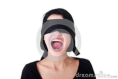 Frighten young blindfold woman screaming Stock Photo