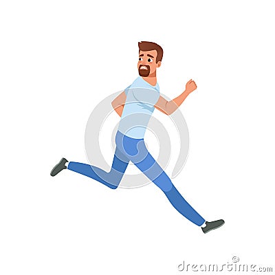 Frightened bearded man running away looking back. Cartoon character of young guy with scared face expression. Flat Vector Illustration