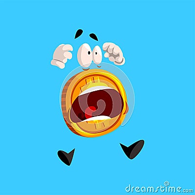 Frightened bitcoin character screaming, funny crypto currency emoticon vector Illustration on a sky blue background Vector Illustration