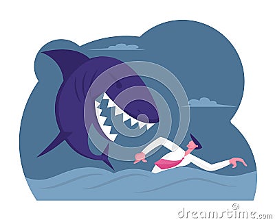 Frightened Businessman Escape Huge Shark Chase and Attack in Sea. Business Man Trying to Avoid Crisis or Bankruptcy Vector Illustration