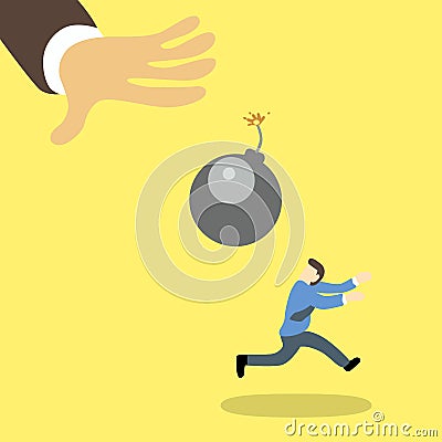 A frightened businessman running away from a ignited giant bomb which throw to him by giant businessman's hand Cartoon Illustration