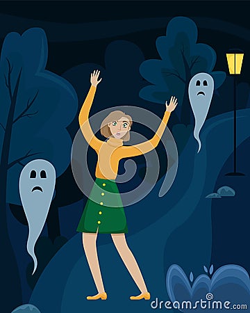 The frightened girl raised her hands in a dark forest. Ghosts. Isolated vector illustration Vector Illustration