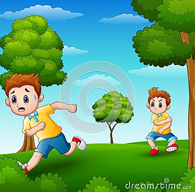 A frightened kid running because disturbed naughty child in the garden Vector Illustration