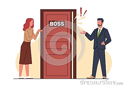 Frightened office workers dont want to enter boss office. Angry manager yells at workers. Unhappy exhausted scared Vector Illustration