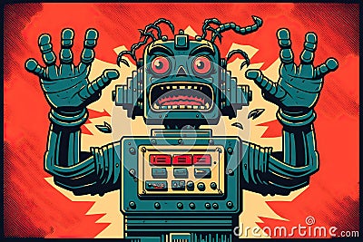The frightened robot raised its hands in panic, concept of Autonomous behavior, created with Generative AI technology Stock Photo