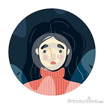 Frightened, scared young woman surrounded by imaginary ghosts flying around her. Panic attack, fears, paranoia and Vector Illustration