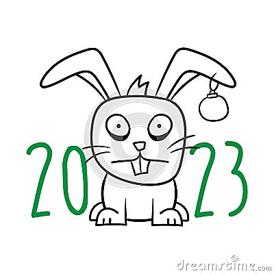 Frightened tired cartoon rabbit with a Christmas ball in his ear. Symbol of 2023 Vector Illustration