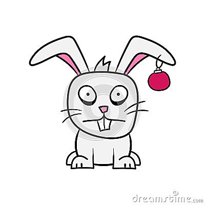 Frightened tired cartoon rabbit with a Christmas ball in his ear. Symbol of 2023 Vector Illustration