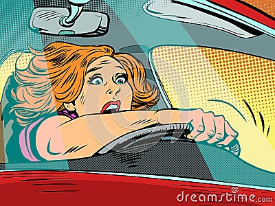 frightened woman driving, speed on the road. Emotions of the driver and the rules of the road. Accident Vector Illustration