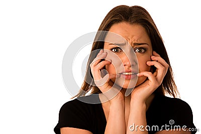 Frightened woman - preety girl gesturing fear Stock Photo