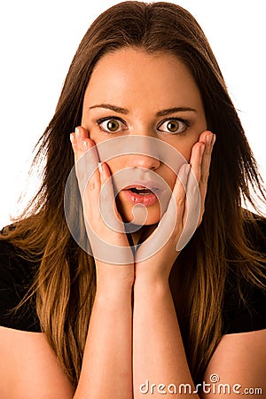 Frightened woman - preety girl gesturing fear Stock Photo