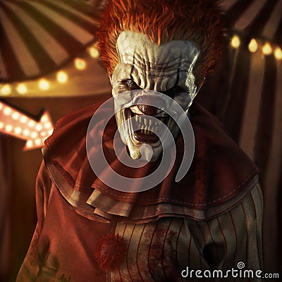 Frightening Evil looking clown posing in front of a circus tent. Stock Photo