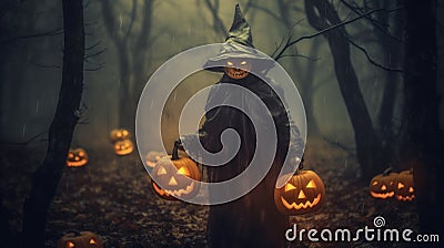 Frightening Halloween scene, scary picture background. Monster with pumpkins in Stock Photo