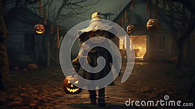 Frightening Halloween scene, scary picture background. Scarecrow with pumpkins AI Stock Photo