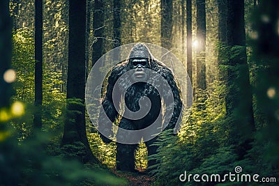 frightening mysterious bigfoot hides in dense forest thickets Stock Photo