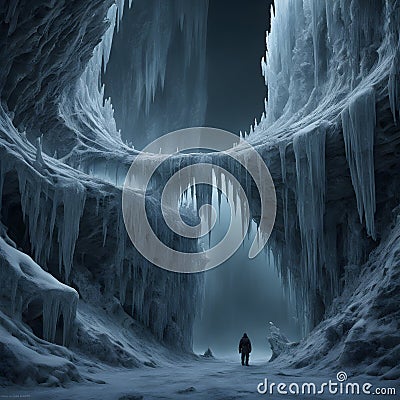 Frigid Chasm of Isolation, Endless, icy crevices stretch out, perpetually encased in frost Stock Photo