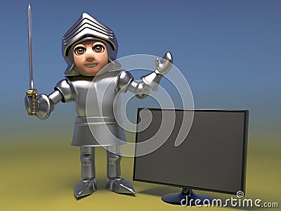 Frivolous medieval knight buys a new wide screen television monitor, 3d illustration Cartoon Illustration