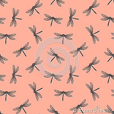 Frivolous print with dragonfly on pink background Vector Illustration