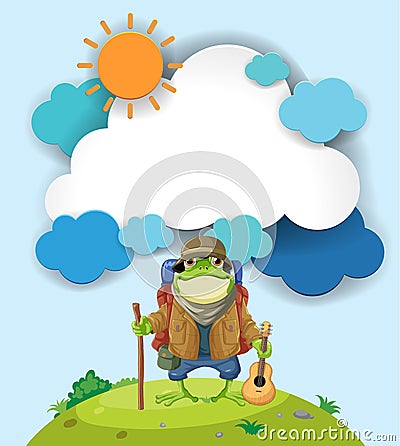 A frog with backpack and guitar outdoors Vector Illustration