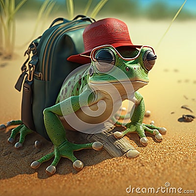 Frog with backpack, hat and glasses. Generative AI Stock Photo