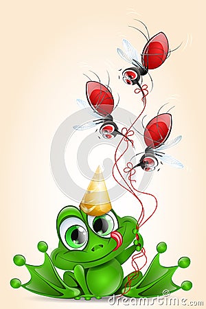 Frog birthday with mosquitos balloons Vector Illustration