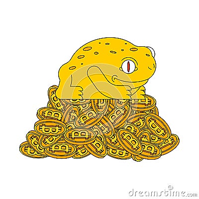 Frog and bitcoin. Chinese symbol of wealth. Crypto currency and Vector Illustration