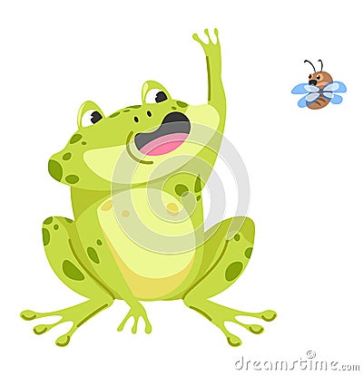 Frog catching fly, funny aquatic animal character Vector Illustration