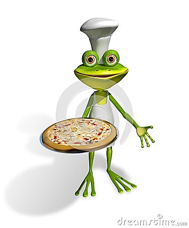 Frog chef with pizza Cartoon Illustration