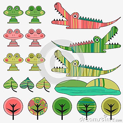 Frog and crocodile cute set Vector Illustration