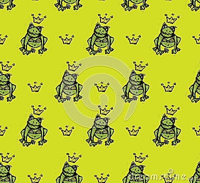 Frog doodles princess in crown seamless pattern Vector Illustration