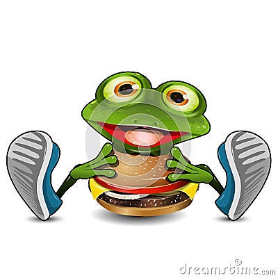 Frog Eats Cheeseburger Vector Illustration