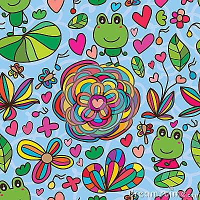 Frog flower line drawing seamless pattern Vector Illustration