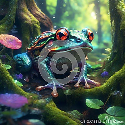 Frog in the forest on a mossy stone in the water Stock Photo