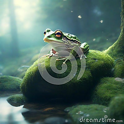 Frog in the forest on a mossy stone in the water Stock Photo