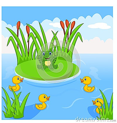 Frog and four little cute ducklings in the river Vector Illustration