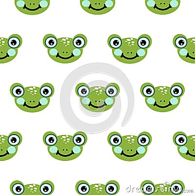 Frog head seamless vector pattern. Cute green animal bold print on white background. Vector Illustration