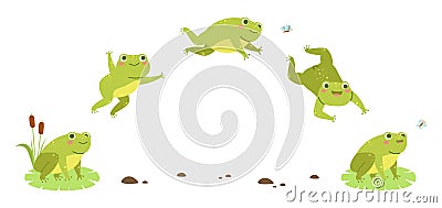 Frog jump. Funny toad step hop sequences, amphibian character moving animation phases, jumping water animal, 2d Vector Illustration