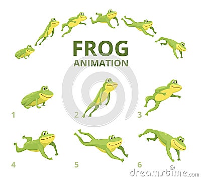Frog jumping animation. Various keyframes for green animal Vector Illustration