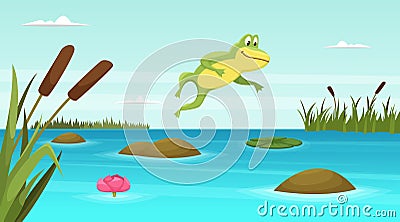 Frog jumping in pond. Vector cartoon background Vector Illustration