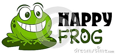 Frog logo mascot vector illustration. Cute funny cartoon hand drawn toad smiling isolated on white background and sitting on leaf. Vector Illustration