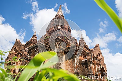 Frog perspective view of pagoda at bagan field in myanmar Stock Photo