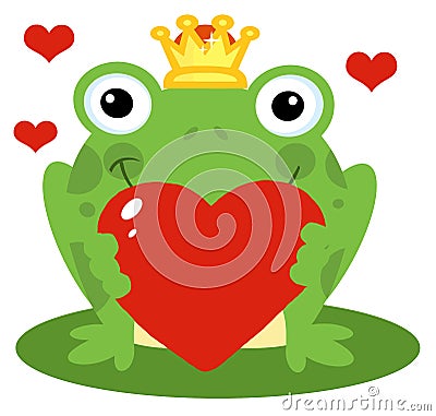 Frog prince holding a red heart Vector Illustration